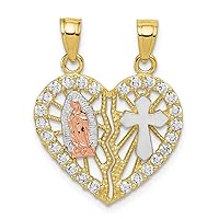 10k Two Tone Textured Gold CZ Cubic Zirconia Simulated Diamond Religious Break apart Love Heart Pendant Necklace Measures 25x19mm Wide Jewelry for Women