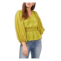 Vince Camuto Womens Green Lined Smocked Waist Pouf Sleeve V Neck Blouse S