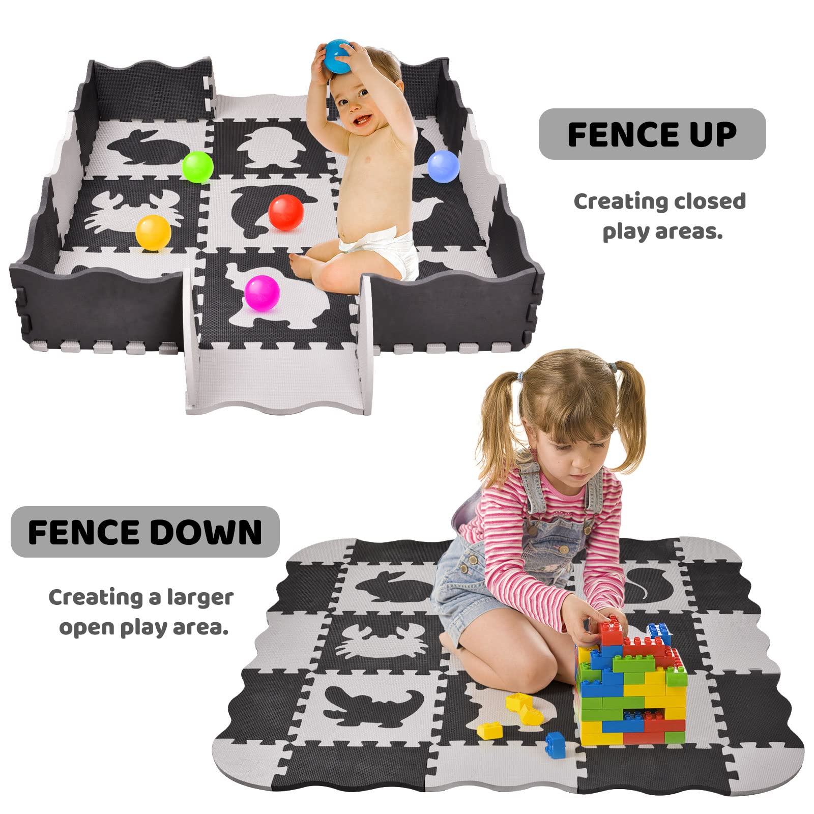 FUN LITTLE TOYS 25 PCs Baby Play Mat Interlocking Foam Floor Tiles, Animal Styles Puzzle Mat Soft Non-Toxic Crawling Mat with Fence, Activity Playmat for Toddlers Room Décor