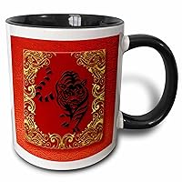 3dRose mug_101855_4 Zodiac Tiger Chinese New Year Red, Gold Two Tone Mug, 11 oz, Black/White