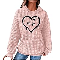 Dog Paw Graphic Print Waffle Hoodies for Women Spring Long Sleeve Pullover Love Heart Tops Dog Mom Sweatshirts