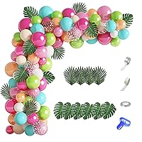 124Pcs Tropical Balloons Arch Garland Kit, Green Hot Pink Rose Gold Confetti Balloons Palm Leaves for Tropical Hawaiian Aloha Luau Flamingo Birthday Party Baby Shower Wedding Decorations