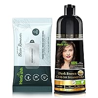 Herbishh Hair Color Shampoo for Gray Hair Dark Brown 500 ML + Hair Color Stain Remover Wipes - Travel Pack With 5 Wipes