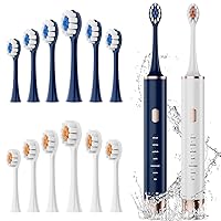 Blue & White Electric Toothbrush for Adults, 2 Pack Electric Toothbrush,USB Rechargeable Sonic Toothbrush with 12 Brush Heads, Smart Timer, 6 Modes, 2-Hour Fast Charge Last 30 Days