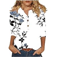 Today Deals Linen Henley Shirts for Women Button Up V Neck 3/4 Sleeve Blouse Summer Floral Print Boho Tops Casual Loose Fit Tunics