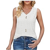 Women Summer Tops Sleeveless Eyelet Fabric Tshirts Casual V Neck Tank Tops Slim Fit Comfy Button Vest Beach Shirts