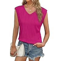WIHOLL Womens Cap Sleeve Textured Tops V Neck Knit Casual Summer Tops 2024 T-Shirts Work Blouses