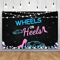 YongFoto 12x8ft Wheels or Heels Gender Reveal Backdrop for Photography Blue Car Pink High-Heel Shoes String Light Photography Background Boy or Girl Baby Shower Supplies Cake Table Banner Photo Prop