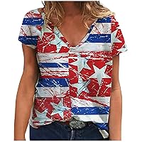American Flag Shirt Women 4th of July Shirts USA Flag Graphic Patriotic Tops Retro Short Sleeve V Neck Loose Blouse