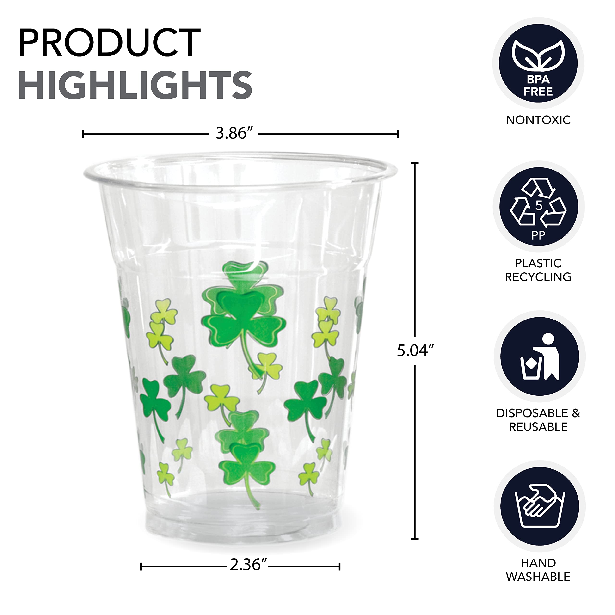 Party Essentials St Patricks Day Printed Plastic Party Cups/Cocktail Tumblers, Shamrocks/Clovers, 16 oz, 80-Count With 96 Napkins