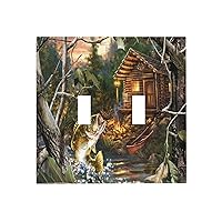 Camouflage Natural Hunting Cabin Lodge Fish Bass Fishing Camo Lake House Double Toggle Dimmer Light Switch Cover 2 Gang Decorative Decorator Outlet Wall Plate Electrical Dual Device Faceplate Cover