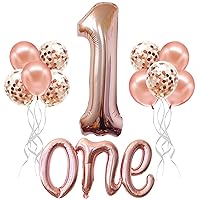 Rose Gold 1 Balloon and One Letter Balloon - Large, Pack of 12 | 5 Rose Gold and 5 Confetti Latex for Party Decorations | Great for first Birthday Balloons Decoration | Rose Gold Number 1 Balloons