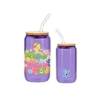 Silver Buffalo Care Bears Flower Power Caring Is Groovy Glass Tumbler W Bamboo Lid And Glass Straw, 16 ounces