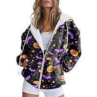 Women's Top 2023 Sleeve Pocket Zipper Track Jacket Loose Halloween Pumpkin Print Women Hoodie