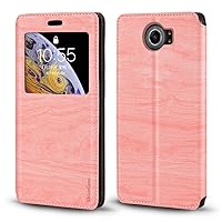 BlackBerry Priv Case, Wood Grain Leather Case with Card Holder and Window, Magnetic Flip Cover for BlackBerry Priv Pink