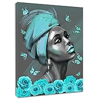 LB African American Butterfly Wall Art, Beauty Black Woman Teal Hair Canvas Wall Art, Abstract Teal Floral Butterfly Wall Art for Living Room Bedroom Bathroom Home Decor Ready to Hanging 16x24 Inch