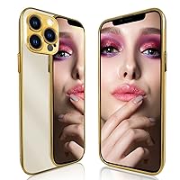 Mirror Case Compatible with iPhone 14 Pro Max Case for Women, Luxury Gold Electroplate Edge Makeup Bling Acrylic Reflective Mirror Back Cover Hard Shell Slim Thin Protective Girly Case Glitter