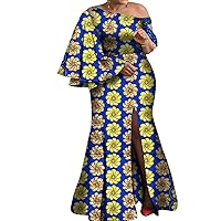African Dresses for Women Flared Sleeves One Shoulder Long Maxi Dress WY8237