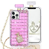 Compatible with iPhone 12 Pro Max Bling Perfume Bottle Case for Women Luxury 3D Elegant Glitter Full Diamond Crystal Rhinestone Gemstone with Crossbody Strap Protective Case Pink