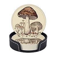Drink Coasters Set of 6 Leather Coasters with Holder Vintage Mushrooms Drawing Round Coaster for Drinks Tabletop Protection Cup Mat Heat Resistant Coffee Cup Mat 4
