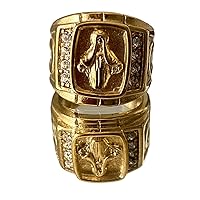 Men Women's Simulated Gold Stainless Steel Jewelry Plus Size Design Ring, 14k Gold Finish Vintage Virgin Mother Mary Biker Ring Punk, Pinkie Pinky Ring Prime Delivery