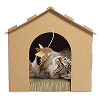 Furhaven Cardboard Cat House w/ Catnip for Indoor Cats, Ft. Scratching Pad & Hanging Toys - Gingerbread House Corrugated Cat Scratcher Hideout - Cardboard Brown, One Size