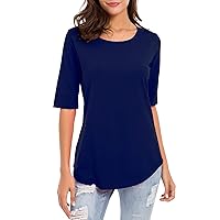 Elbow Length Tee Shirts for Women Cotton Tunic Tops Casual Crewneck Blouse