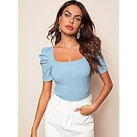 Women's Tops Sexy Tops for Women Shirts Solid Square Neck Puff Sleeve Top (Color : Blue, Size : Small)
