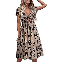 Women's Bohemian Swing V-Neck Trendy Glamorous Dress Casual Loose-Fitting Summer Beach Short Sleeve Midi Print Flowy Brown