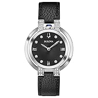 Bulova Rubaiyat Quartz Ladies Watch, Stainless Steel with Black Leather StrapDiamond , Silver-Tone (Model: 96R217)