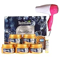 Nutriglow Platinum, Diamond & Gold Facial Kit For Brightening, Glowing Skin, Spotless Skin, Remove Tanning, All Skin Types, 250gm+10ml With Hair Dryer, Pink