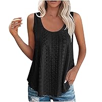 Eyelet Embroidery Tank Tops for Women Summer Scoop Neck Sleeveless T-Shirts Casual Loose Fit Beach Vacation Blouses