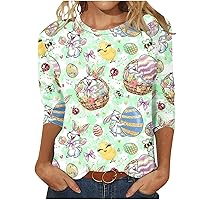Easter Shirts for Women 3/4 Sleeve Tunic Tshirt Holiday Crewneck Pullover 3D Print Tee Cute Bunny Egg Graphic Tops Funny Gift