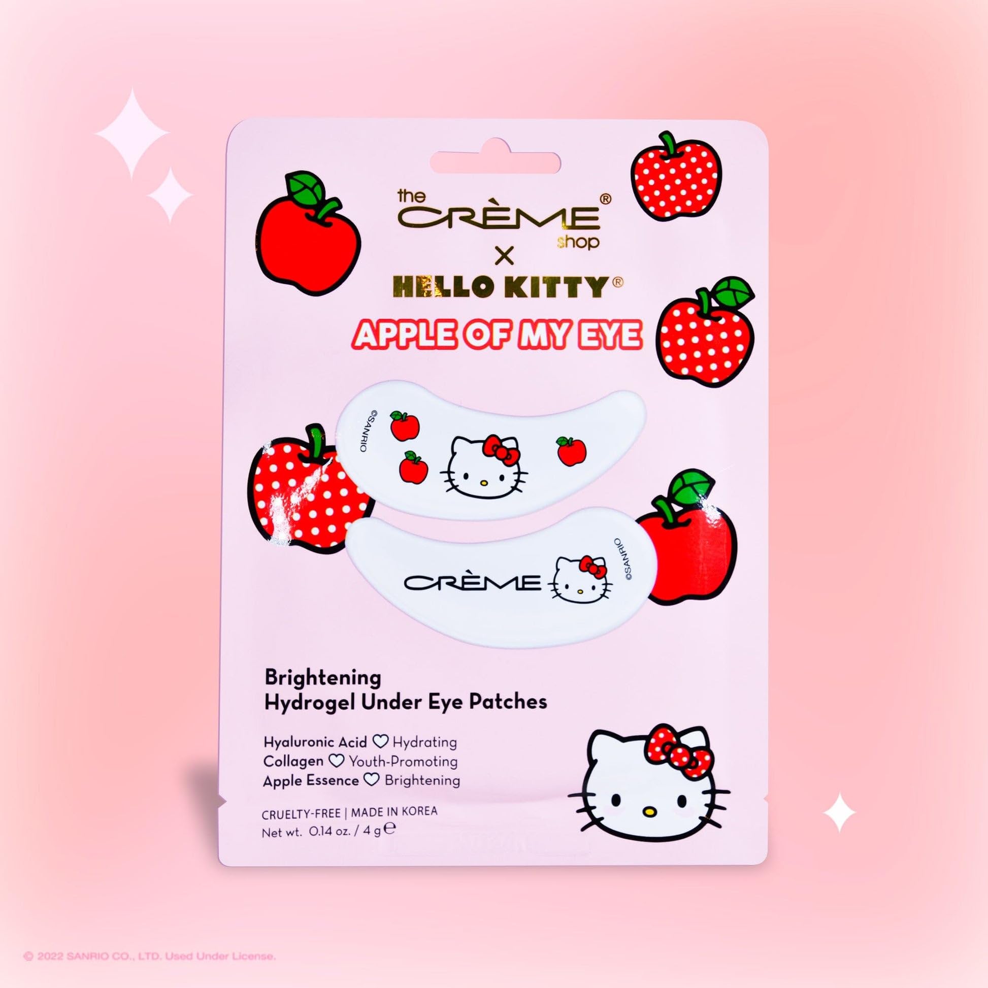 The Creme Shop Hello Kitty Apple Of My Eye Hydrogel Brightening Under Eye Patches with Hyaluronic Acid Collagen Apple Essence for Concentrated Hydration Plumpness and Sparkling Bright Eyes (Set Of 3)