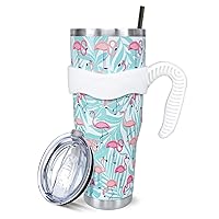 Flamingo 40 Oz Tumbler with Handle and Straw,Cute Tropical Leaves Large Stainless Steel Vacuum Insulated Tumbler Iced Coffee Cup Water Bottle Travel Mug,Flamingo Gifts for Women Decor Stuff Green Blue