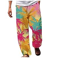 Work Pants Men Loose Fit Elastic Waist Wide Leg Pants Drawstring Jogger Boho Print Hawaiian Beach Yoga Pant Trouser