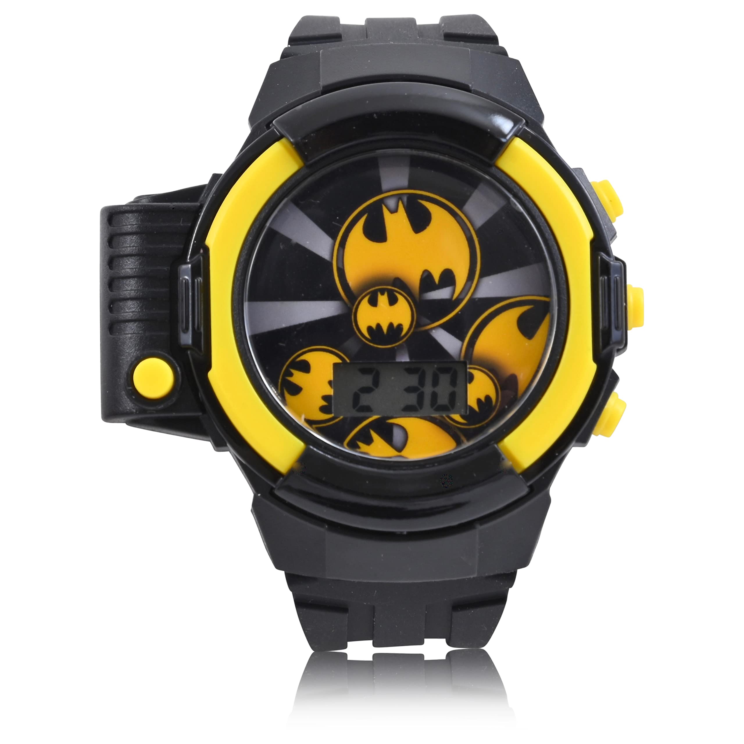 Accutime DC Comics Batman Kids Digital Watch - Side LED Flashlight, LCD Watch Display, Kids, Boys Digital Watch, Silicone Strap in Black (Model: BAT4893AZ)