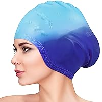 Aegend Swim Cap Long Hair with 3D Ear Cover, Unisex Waterproof Silicone Swimming Cap