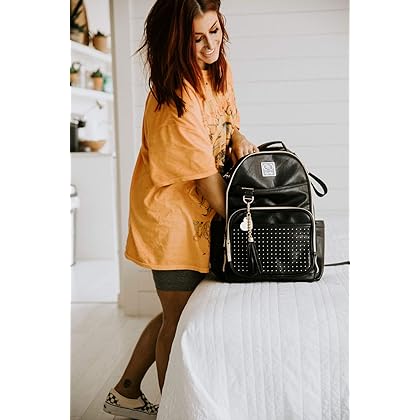 Itzy Ritzy Chelsea + Cole Diaper Bag Backpack - Studded Boss Backpack Diaper Bag Includes 19 Pockets, Changing Pad, Stroller Clips & Tassel; Black with Sweetheart Print Interior & Gold Hardware