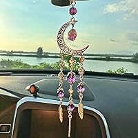 Hanging Car Charm, Handmade Crystal Window Car Hanging Ornaments, Dangling Moon, Healing Crystal Accessories, Rearview Mirror Decorations - Protection, Love, Energy (Faceted Amethyst Moon)