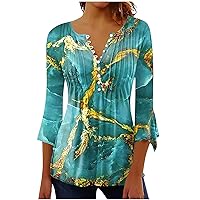 Going Out Tops for Women Print Oversized with Buttons Soft V-Neck Wide Sleeve 3/4 Sleeve Frill Blouses for Women