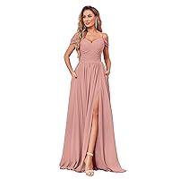 BOLENSYE Off The Shoulder Bridesmaid Dresses with Pockets Ruched Chiffon Long Slit Formal Evening Gown
