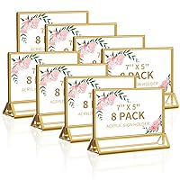 Smarpau 7x5 Acrylic Sign Holder 8 Pack Gold Table Number Holders for Wedding Double Sided Picture Frames Flyer Document Stands with Horizontal Slant for Office Desktop