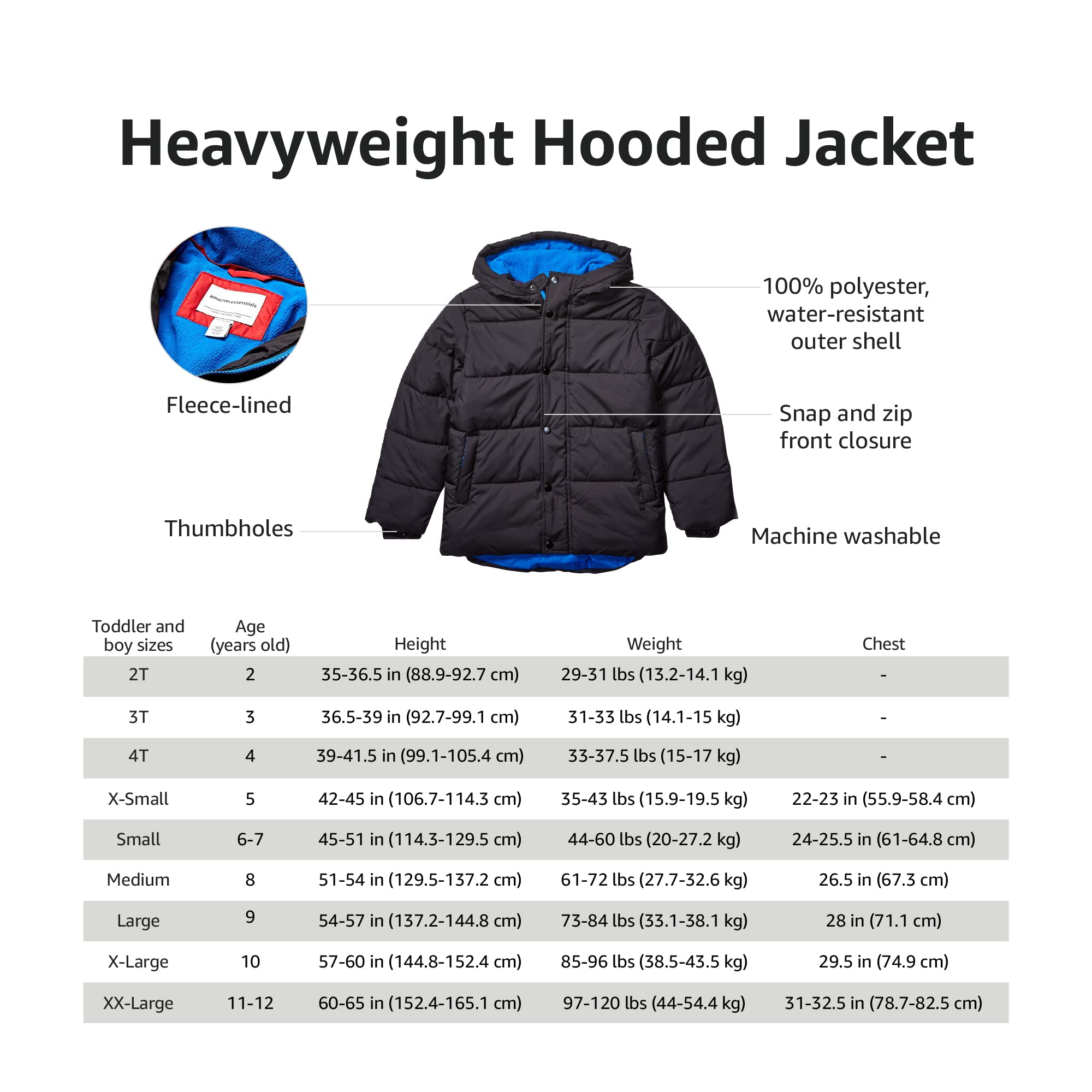 Amazon Essentials Babies, Toddlers, and Boys' Heavyweight Hooded Puffer Jacket