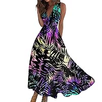 Boho Dresses for Women 2024 Deep V Neck Maxi Casual Long Dress Elegant Sexy Floral Dresses Sleeveless Cute Swing Dress