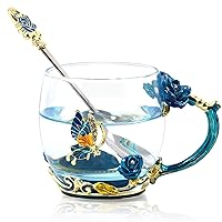 Tea Mug, Coffee Cup with Spoon Set Clear Glass Handmade Enamel Butterfly Flower,Mother's Day,Birthday,Christmas Gift(11 oz)…