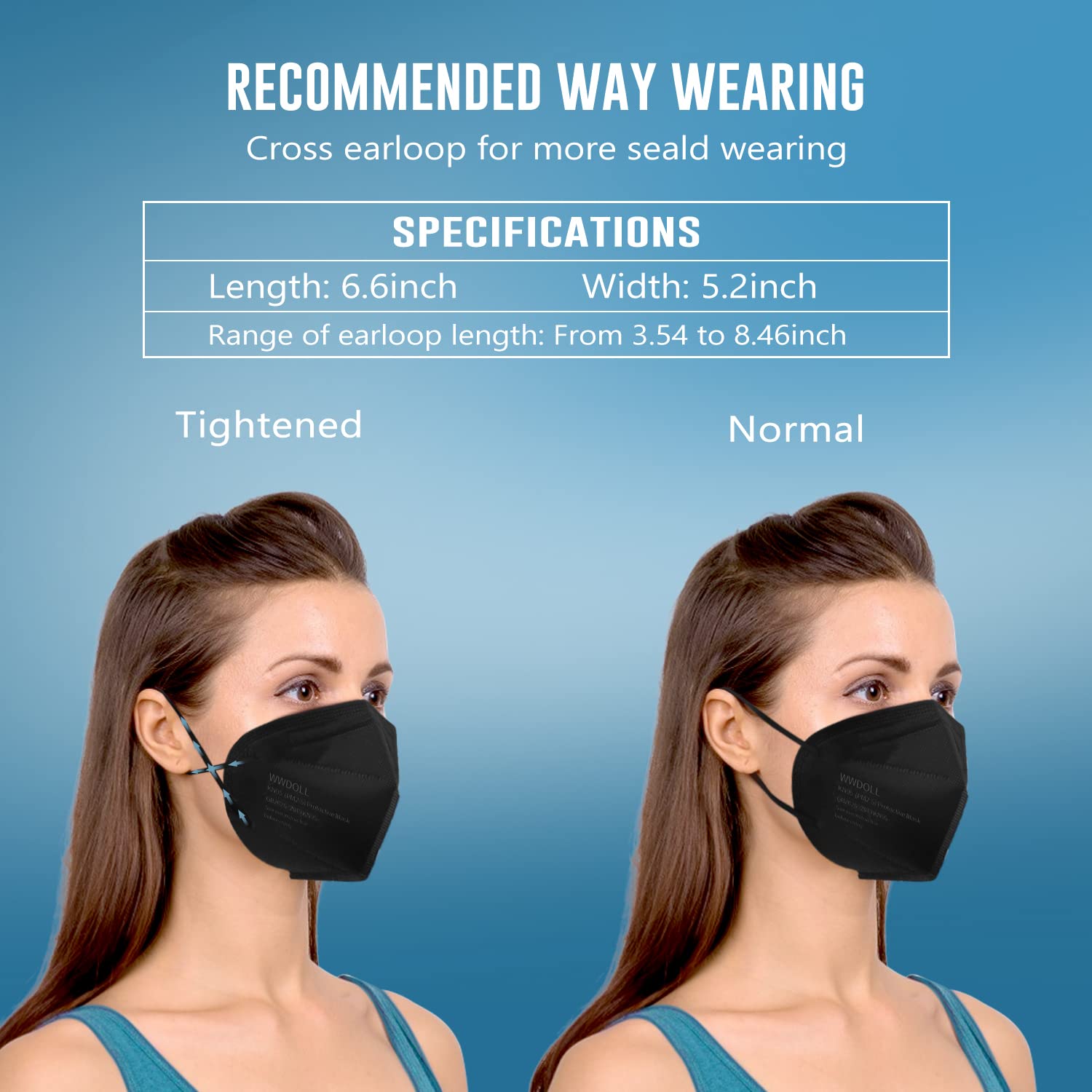 KN95 Face Mask 50 Pack, WWDOLL KN95 Masks 5-Layer Breathable Mask with Elastic Earloop and Nose Bridge Clip, Disposable Respirator Protection Against PM2.5 Black