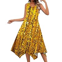 Amazon Sales Outlet Floral Dress for Women Print Casual Bohemian Elegant Loose Fit with Sleeveless Round Neck Swing Tunic Dresses Orange Large