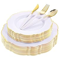 WDF 30Guest Gold Plastic Plates Disposable - Gold Plastic Silverware With White Handle Baroque Plates Disposable for Weddings, Parties, Mother's Day