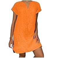 Cotton Linen Dress for Women V Neck Short Sleeve Tunic Sundress Lightweight Soft T-Shirt Dresses Solid Mini Dress